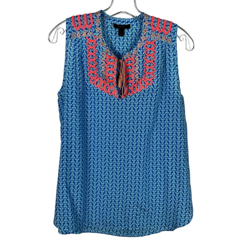 J. Crew Neon Embroidered Sleeveless Silk Blend Geometric Patterned Blouse 6